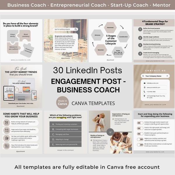 30 Linkedin Post Business Coach Engagement Post Infographics Post LinkedIn Canva Template Coach Mentor Linkedin Business Social Media Coach