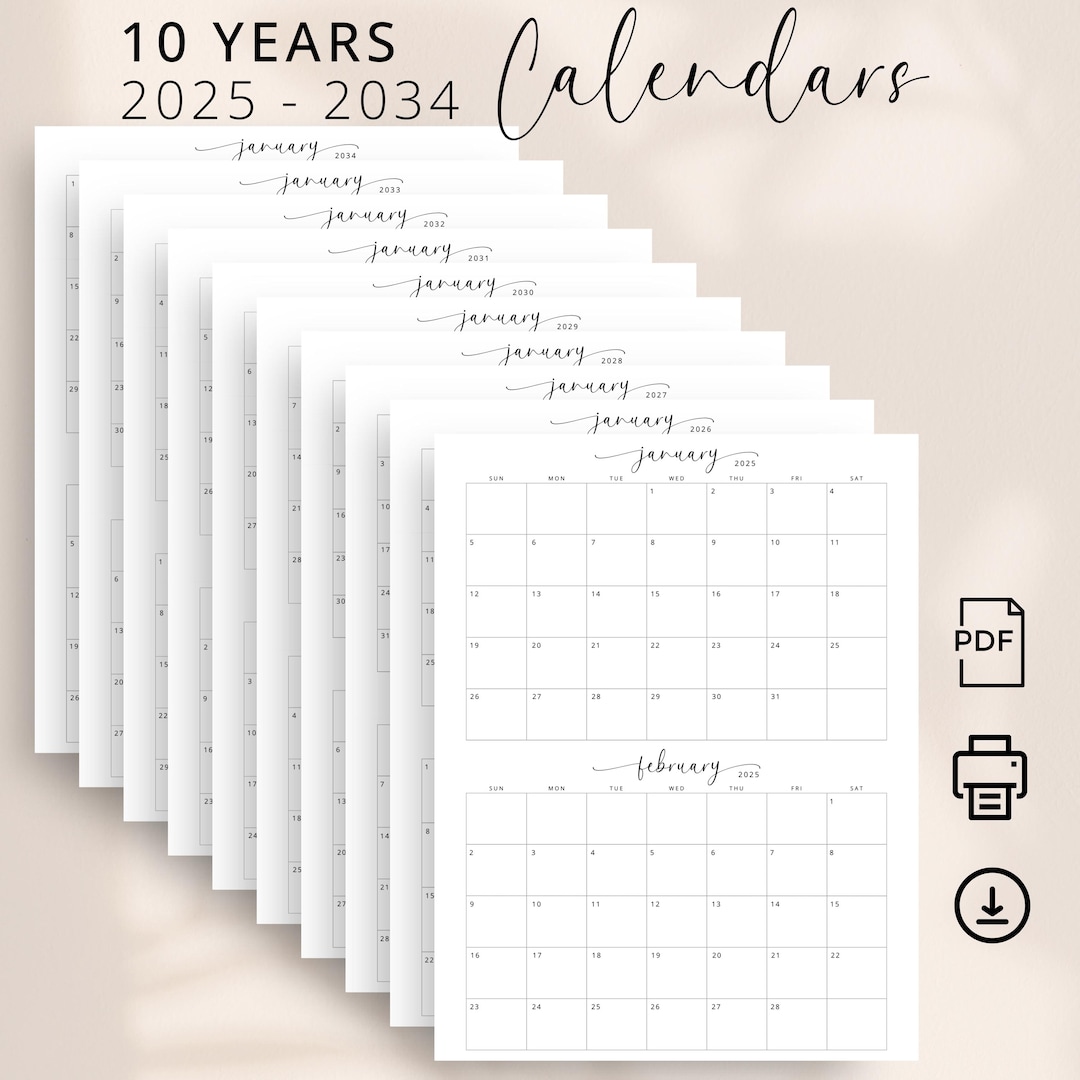 2025-2034 Printable Calendar 2 Months per Page Planner 10 Year Calendar ...