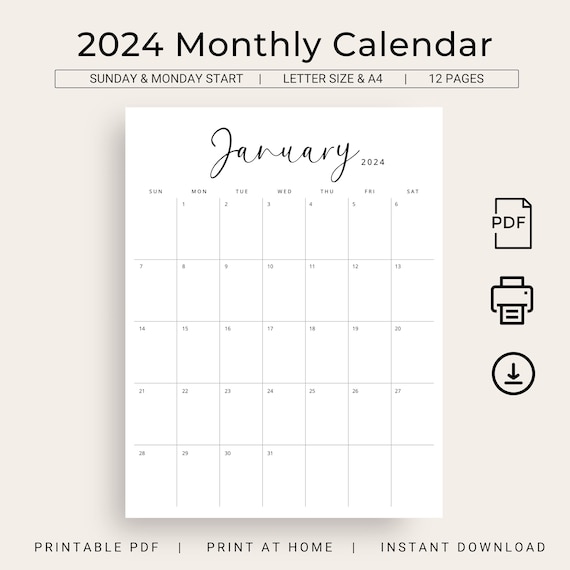 2024 Calendar 2024 Monthly Planner Printable Vertical Monthly Calendar  Sunday & Monday Start 2024 Wall Calendar A4 Letter Size Agenda 2024 