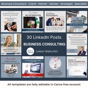 Op de afbeelding: Een blauwe en witte afbeelding met de tekst "30 LinkedIn Posts Business Consulting Canva Templates" en afbeeldingen van verschillende social media berichten met tips voor ondernemers.
