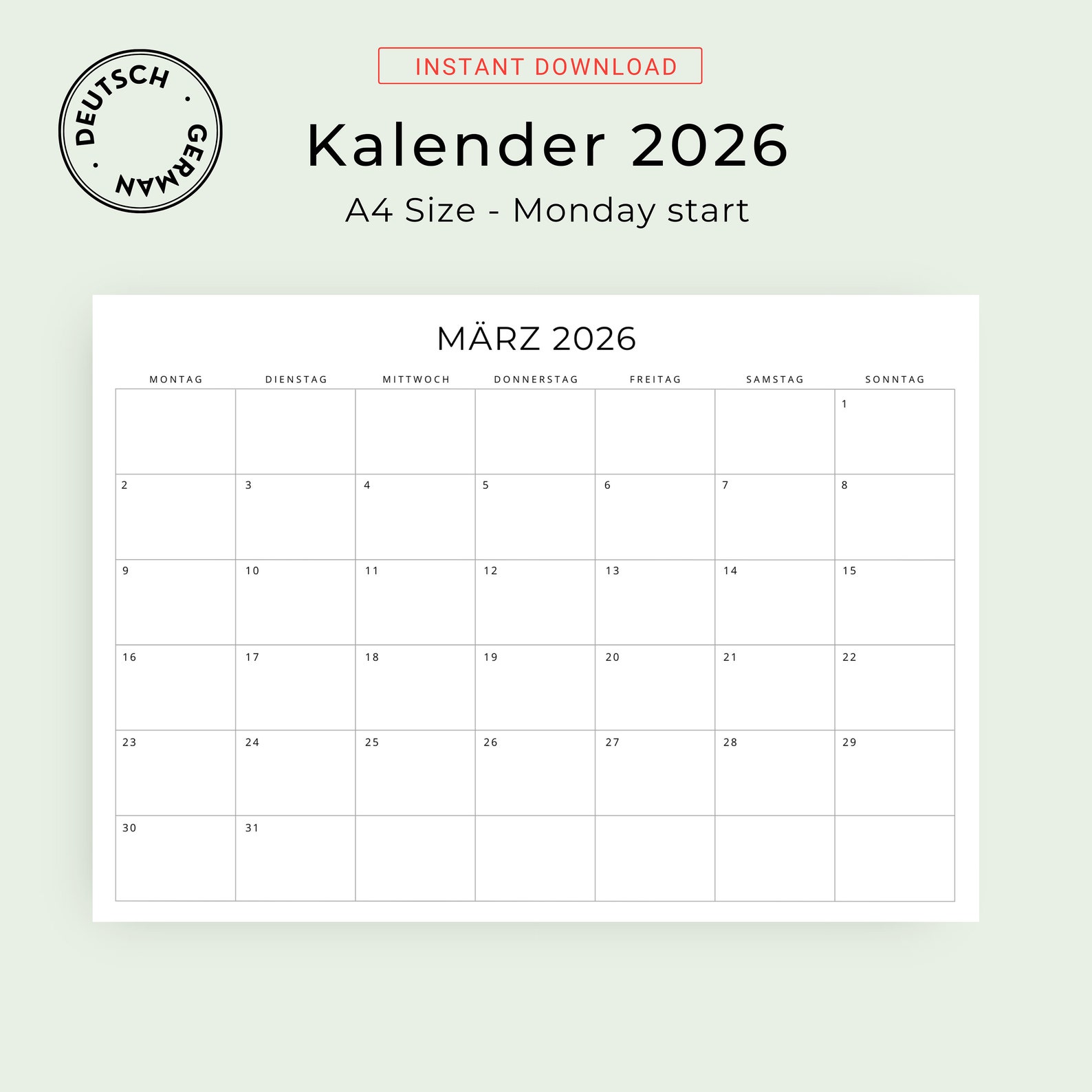 2026 Kalender 2026 Monatskalender 2026 Deutscher Kalender 2026
