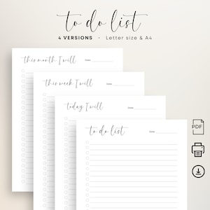 Lista de tareas mínima para imprimir Lista de tareas diarias Lista de tareas semanales Lista de tareas mensuales Planificador elegante de listas de tareas Tamaño carta A4 Imprimir en casa PDF