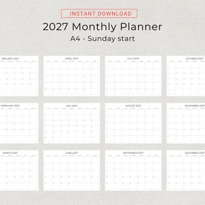 2027 Monthly Calendar 2027 Minimal Monthly Planner Landscape Sunday & Monday Start A4 and Letter Size 2027 Calendar Print At Home PDF