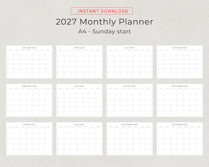 2027 Monthly Calendar 2027 Minimal Monthly Planner Landscape Sunday & Monday Start A4 and Letter Size 2027 Calendar Print At Home PDF