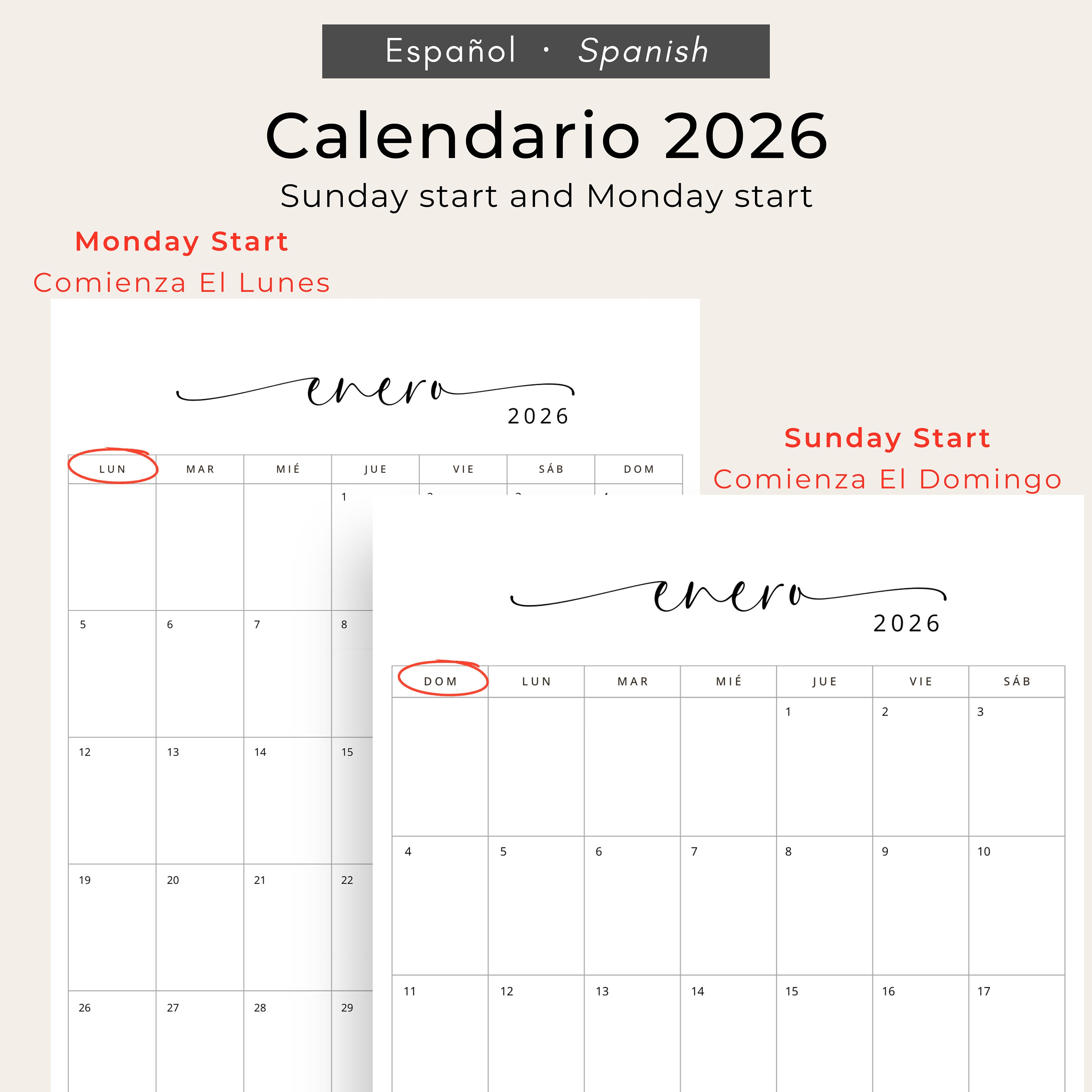 Calendario 2026 Calendario Mensual En Español 2026 Planificador 2026
