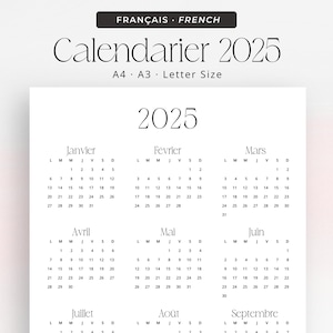 Calendrier Français 2025 Calendrier 2025 Calendrier Annuel 2025 Wall Calendar in French 2025 Planner Insert PRINTABLE Portrait A3 A4 Letter