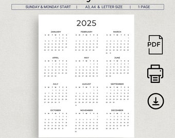 Kalender 2025, Jahreskalender 2025, zum Ausdrucken, Wandkalender 2025, Jahreskalender 2025, minimalistischer Kalender, A3, A4, Buchstabe Montag und Sonntag