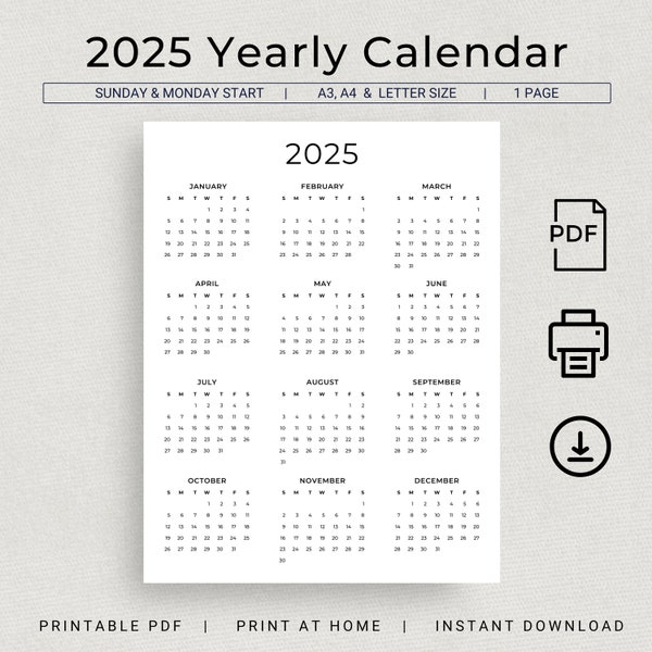 2025 Calendar 2025 Yearly Calendar Printable 2025 Wall Calendar 2025 Year Calendar Minimalist Calendar A3 A4 Letter Monday & Sunday Start