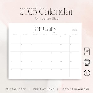 2025 Monthly Calendar 2025 Calendar Landscape 2025 Wall Calendar PDF Minimalist 2025 Monthly Planner Printable Stylish A4 Letter Download