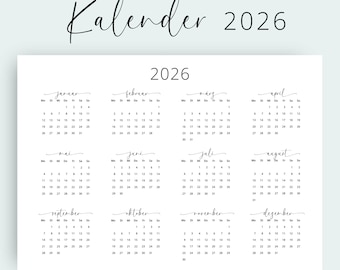 Calendario Alemán 2026 Calendario 2026 Calendario Anual 2026 PDF IMPRIMIBLE Calendario Horizontal Alemania A3 A4 Tamaño Carta Calendario de los Países Bajos