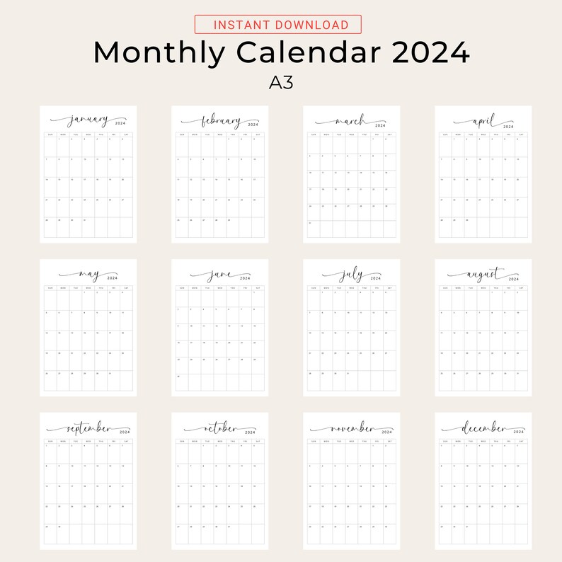 2024 Calendar 2024 Planner A3 Monthly Calendar 2024 Vertical Calendar