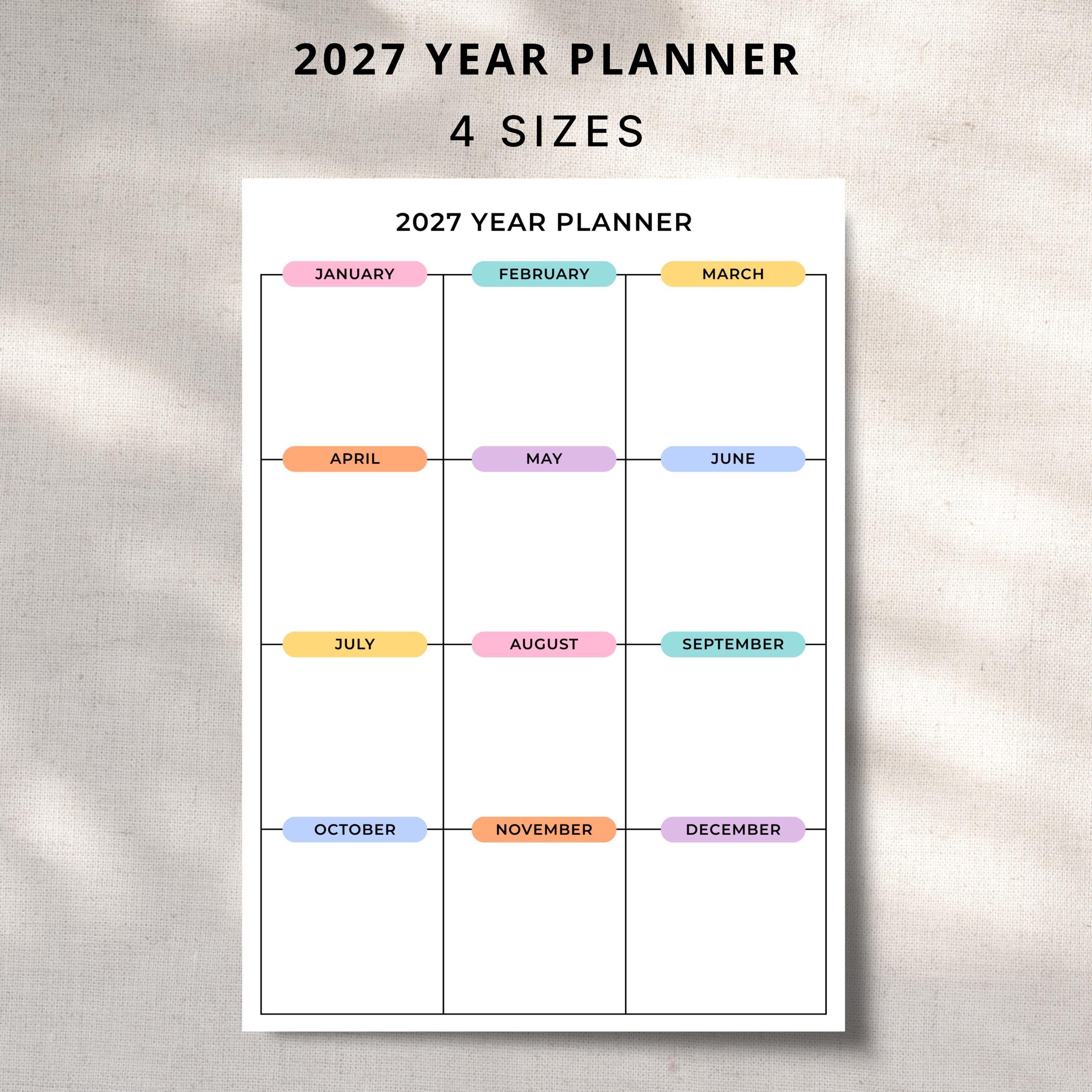2027 Year Planner Printable PDF 2027 Year at a Glance Wall Planner
