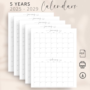 5 Years Calendar 2025-2029 Calendar Five Years Planner 2 Months Per Page Planner Printable PDF Calendar 2025 2026 2027 2028 2029 Elegant