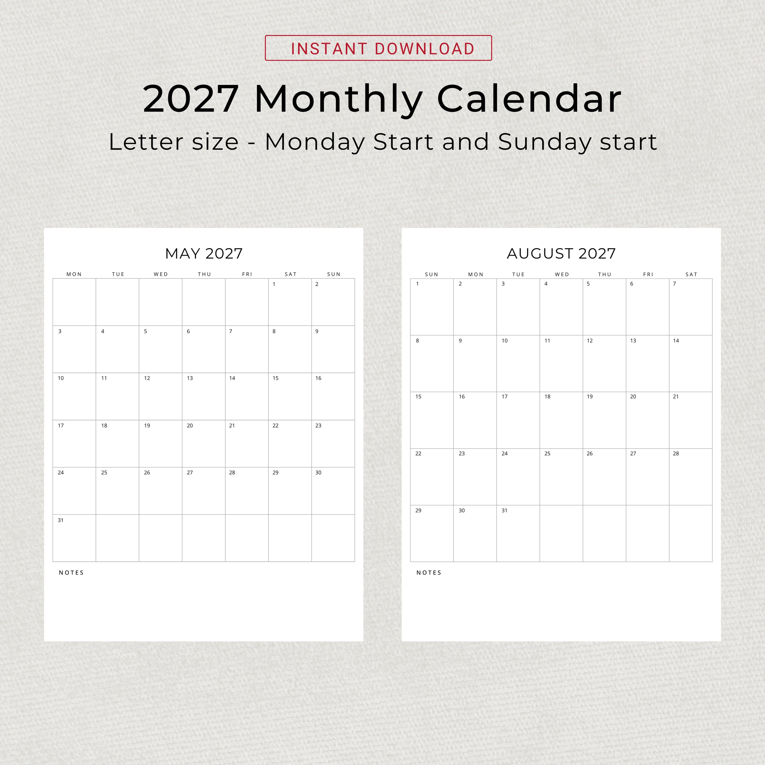 2027 Calendar 2027 Monthly Planner Portrait Printable PDF Minimalist