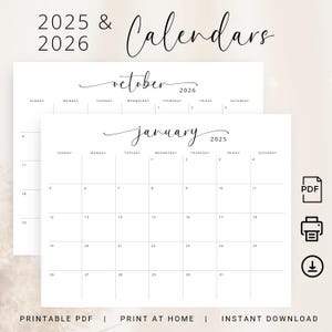 Calendario 2025-2026 Planificador mensual 2025 2026 Paisaje Calendario mensual minimalista elegante Pared PDF Tamaño carta A4 Inicio en domingo Inicio en lunes