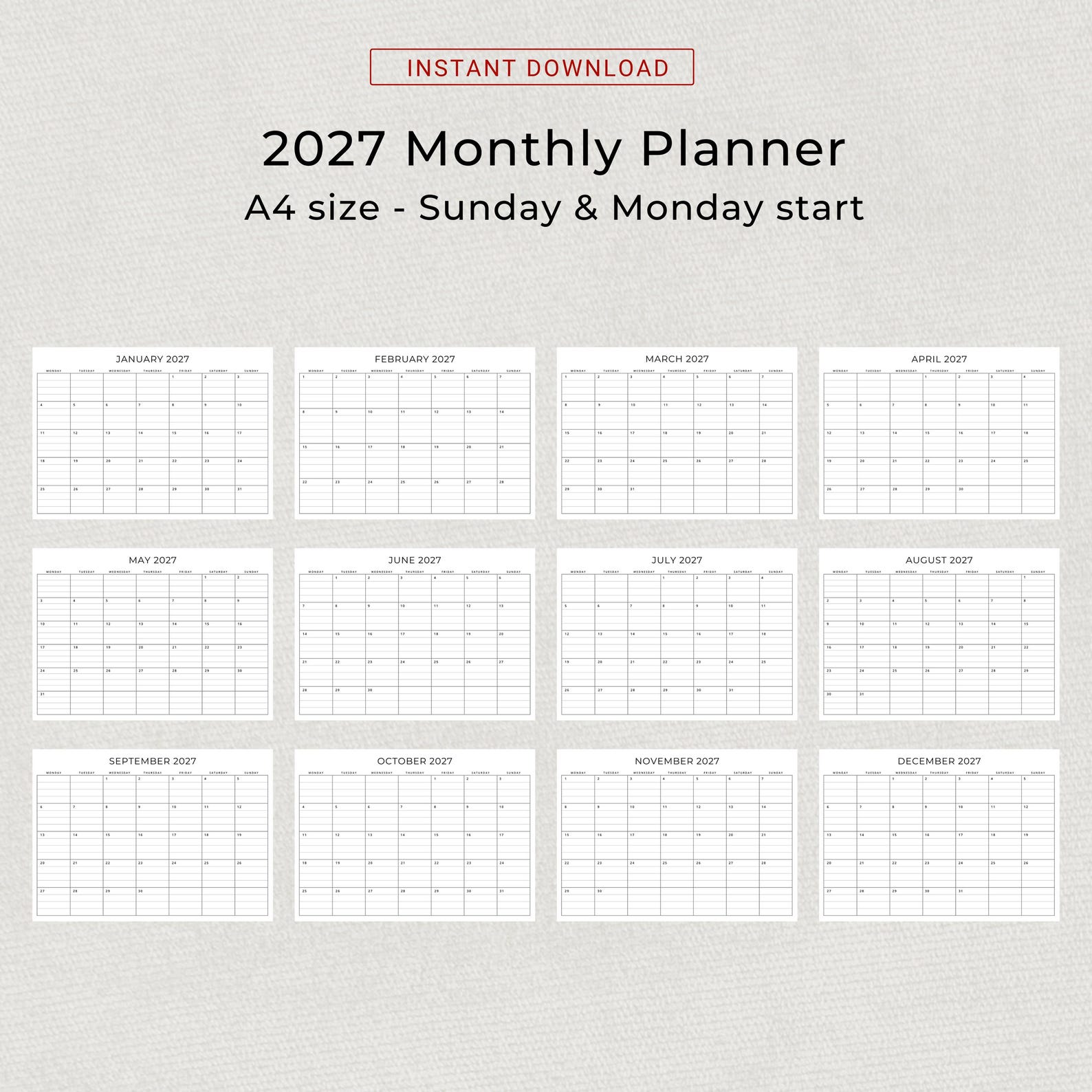 2027 Monthly Planner Lined 2027 Calendar With Lines Landscape Sunday