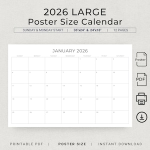 2026 Large Calendar 2026 Monthly Planner Poster 24x18 36x24 Calendar Poster Minimal Monthly Calendar XL Printable PDF 2026 Wall Calendar Big