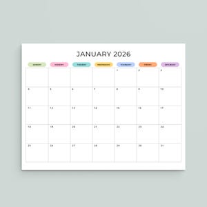 以下が含まれることがあります： 2026年1月の白いカレンダー。月と年は上部に記載。週の曜日はパステルカラー。カレンダーのグリッドには1から31までの番号が振られた正方形があり、計画に最適です。