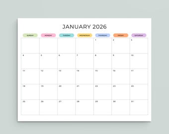 2026 Monthly Calendar PRINTABLE PDF 2026 Monthly Planner Landscape 2026 Calendar Minimalist Color A4 Letter Size Sunday Start Monday Start
