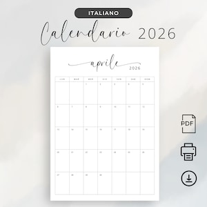 Peut inclure: Un calendrier imprimable pour avril 2026 en italien. Le calendrier est en noir et blanc et les jours de la semaine sont étiquetés en italien. Le calendrier est conçu pour un usage personnel.