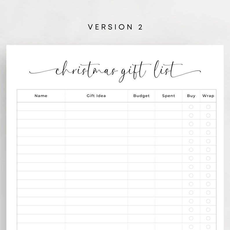 Christmas Gift List Printable Christmas Shopping List Xmas To Buy List Gift Checklist Minimalist Shopping Planner PDF Elegant A4 Letter Size