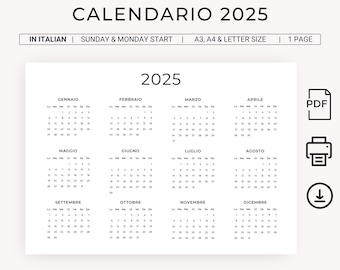 Calendario 2025 Calendario Annuale 2025 Calendario in Italiano 2025 PRINTABLE Italian Calendar 2025 Landscape A3 A4 Letter Wall Calendar PDF