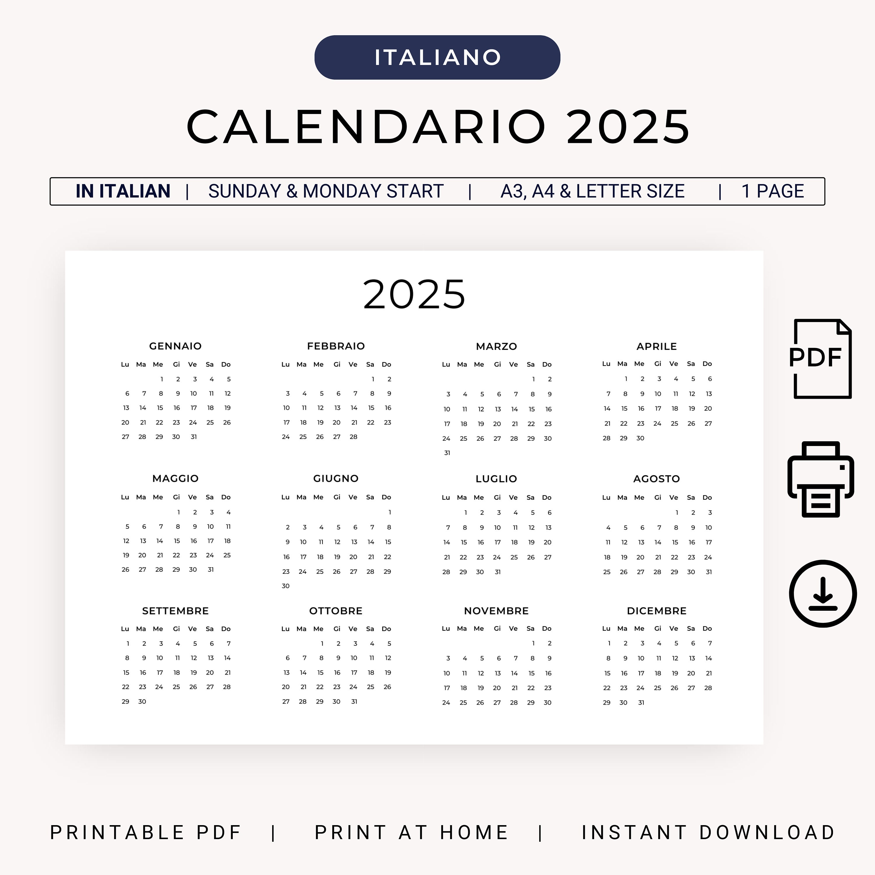 Calendario 2025 Calendario Annuale 2025 Calendario in Italiano 2024 PRINTABLE Italian Calendar