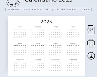 Calendario 2025 Español Calendario 2025 Para Imprimir Calendario Orientación Horizontal Spanish Calendar 2025 Landscape A3 A4 US Letter PDF