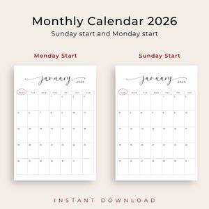 2026 Calendar 5x7 Inch 2026 Small Calendar Card PRINTABLE Elegant ...