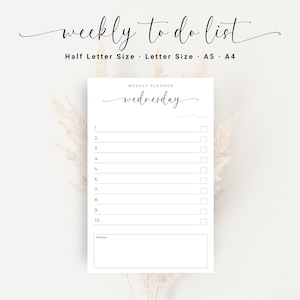 May include: A printable weekly planner page with a to-do list for Wednesday. The page is designed for use with half letter, letter, A5, and A4 paper sizes.