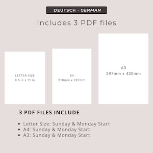 May include: Three printable PDF files for a weekly planner, including Letter size (8.5 x 11 inches), A4 (210 x 297 mm), and A3 (297 x 420 mm) sizes. Each planner starts on Sunday and Monday.