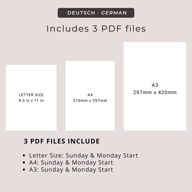 May include: Three printable PDF files for a weekly planner, including Letter size (8.5 x 11 inches), A4 (210 x 297 mm), and A3 (297 x 420 mm) sizes. Each planner starts on Sunday and Monday.