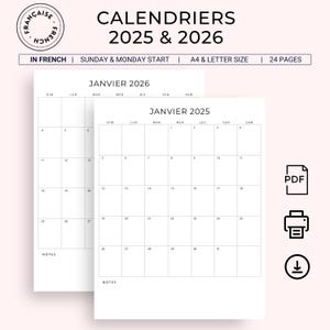 2025 2026 Calendrier Français 2025-2026 French Calendar Portrait Minimalist Monthly Calendar in French PRINTABLE PDF 2025 Monthly Planner