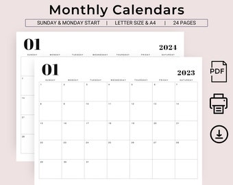 Calendrier 2023 et 2024 imprimable Agenda mensuel 2024, paysage, début du dimanche, début du lundi, calendrier noir et blanc minimal, format lettre A4