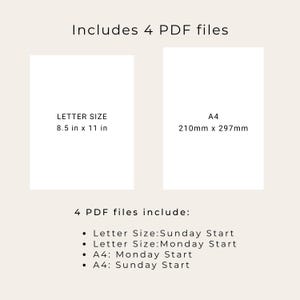 May include: A digital product image showing two white rectangular sheets with text. One sheet is labeled "LETTER SIZE 8.5 in x 11 in", the other "A4 210mm x 297mm". The text "Includes 4 PDF files" is at the top, and a list of the PDF files is at the bottom.
