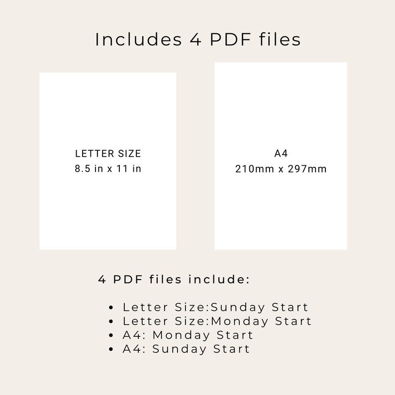 May include: A digital product image showing two white rectangular sheets with text. One sheet is labeled "LETTER SIZE 8.5 in x 11 in", the other "A4 210mm x 297mm". The text "Includes 4 PDF files" is at the top, and a list of the PDF files is at the bottom.