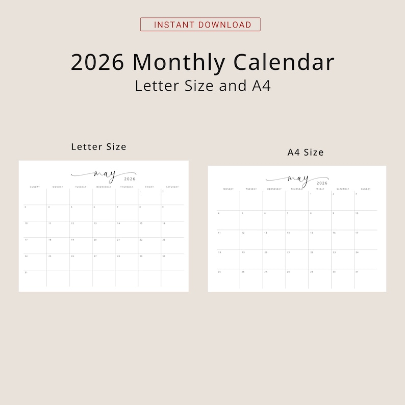 2026 Calendar 2026 Monthly Planner Landscape Elegant Monthly Calendar Sunday Start Monday Start 2026 Wall Calendar Monthly PRINTABLE PDF