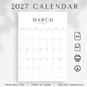 Może przedstawiać: Minimalistyczny kalendarz na marzec 2027 w czerni i bieli. Kalendarz ma prosty układ z datami i dniami tygodnia. Tekst zawiera "2027 CALENDAR", "MARZEC 2027" i instrukcje pobierania. Widoczne są ikony A3, PDF, drukowania i pobierania.