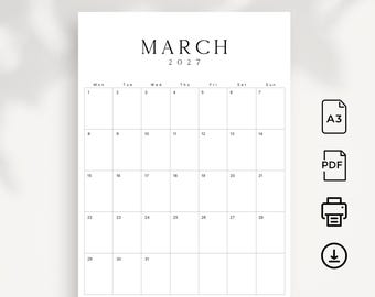 May include: A minimalist 2027 March calendar in black and white. The calendar features a simple layout with dates and days of the week. Text includes "2027 CALENDAR", "MARCH 2027", and download instructions. Icons for A3, PDF, print, and download are visible.