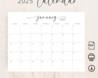 2025 Kalender 2025 Maandelijkse Planner Landschap Elegante Maandkalender Zondag & Maandag Start 2025 A4 Letter-formaat Wandkalender AFDRUKBARE PDF