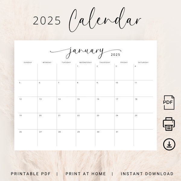 2025 Calendar 2025 Monthly Planner Landscape Elegant Monthly Calendar Sunday & Monday Start 2025 A4 Letter Size Wall Calendar PRINTABLE PDF