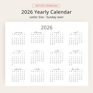 2026 Yearly Calendar 2026 Wall Calendar Landscape 2026 Calendar PRINTABLE 2026 Horizontal Year A3 A4 Letter Monday & Sunday Start Elegant