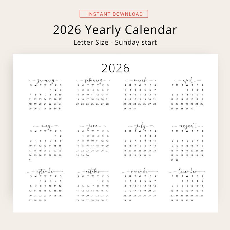 2026 Yearly Calendar 2026 Wall Calendar Landscape 2026 Calendar PRINTABLE 2026 Horizontal Year A3 A4 Letter Monday & Sunday Start Elegant