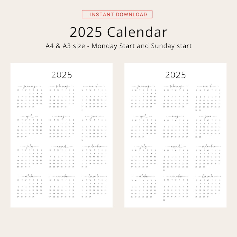 2025 Yearly Calendar 2025 Annual Calendar Printable 2025 Calendar