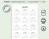 Kalender Deutsch 2026 Kalender 2026 Annual Wall Calendar in German 2026 German Calendar PRINTABLE Portrait Calendar Sunday & Monday Start