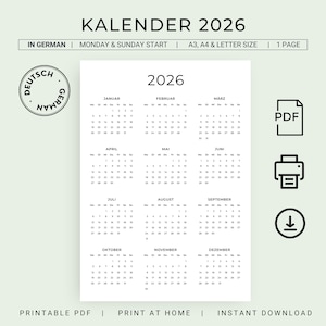 May include: A printable 2026 calendar in German, with Monday and Sunday starting the week. The calendar is in black and white and includes all 12 months of the year. The calendar is available in A3, A4, and letter size.