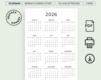 Calendario alemán 2026 Calendario de pared anual 2026 en alemán Calendario alemán 2026 Calendario vertical IMPRIMIBLE Inicio domingo y lunes