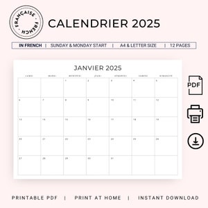 2025 Calendrier Français 2025 Französischer Kalender 2025 Monatskalender auf Französisch 2025 DRUCKBARER Monatsplaner 2025 Minimalplaner A4 Letter