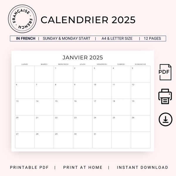 2025 Calendrier Français 2025 French Calendar 2025 Monthly Calendar in French 2025 PRINTABLE Monthly Planner 2025 Minimal Planner A4 Letter