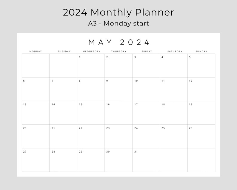 2024 Monthly Calendar Landscape, 2024 Monthly Planner, A3 Size Sunday
